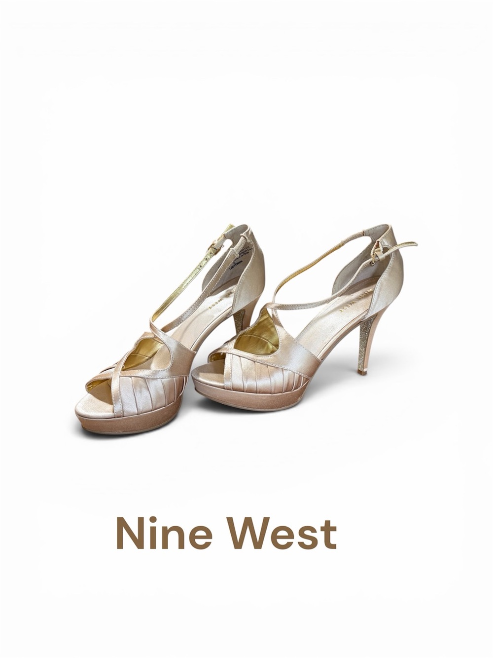 Nine West Champagne T-Strap Peep-Toe Platform Heels